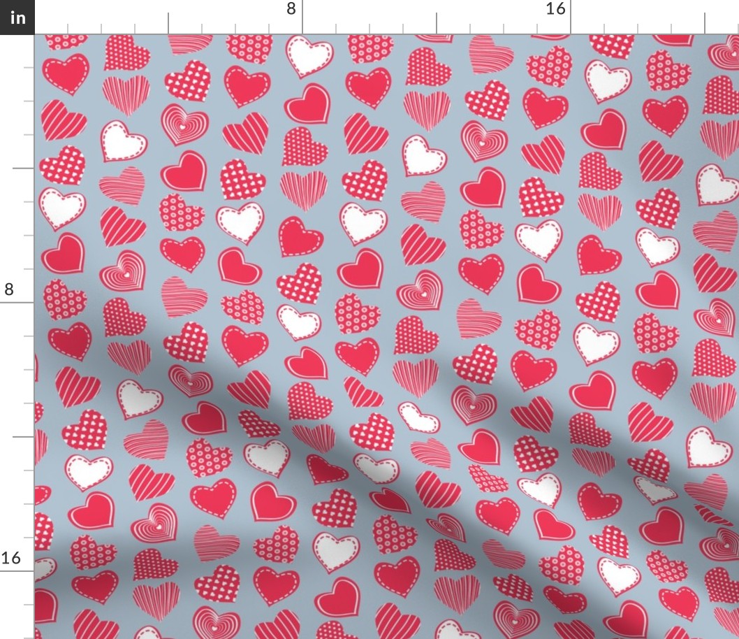 Valentines joy // blue grey background red hearts