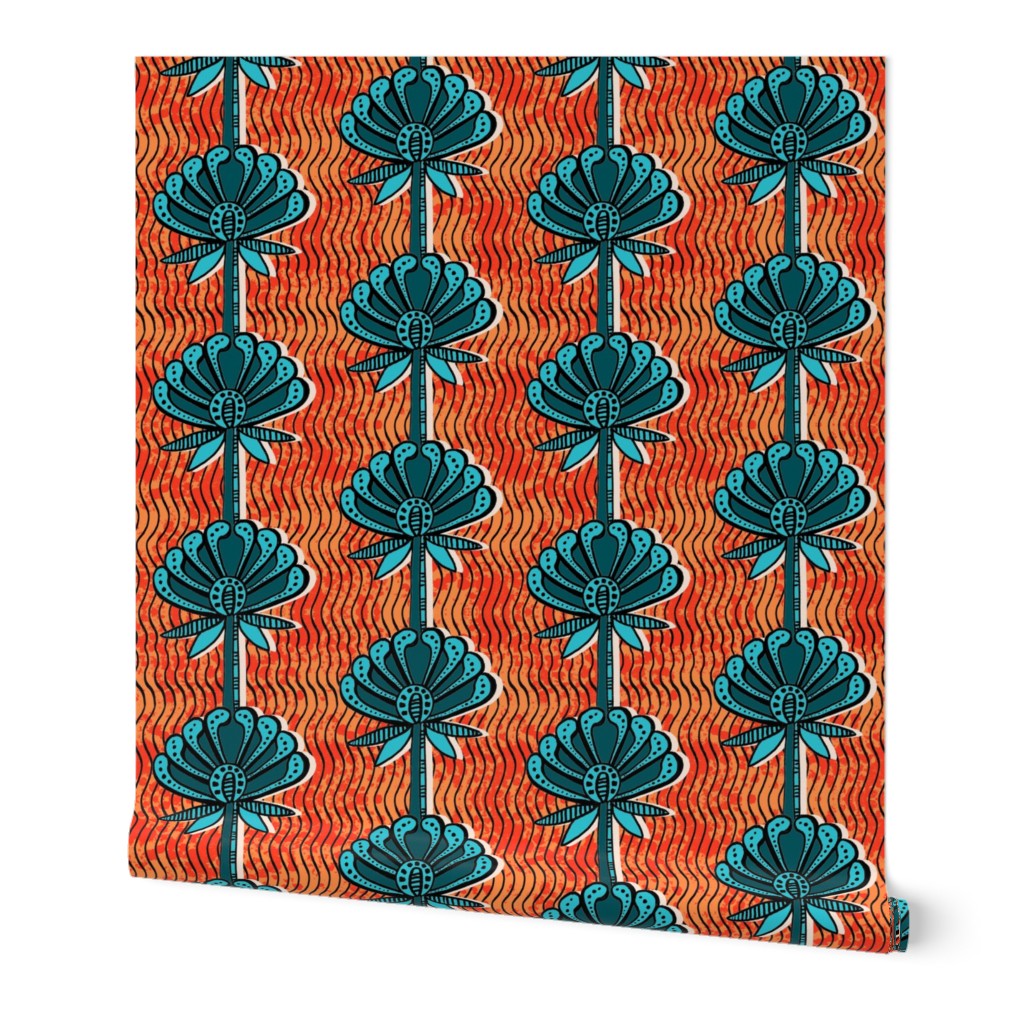 african inspired print - flower - bright orange and teal