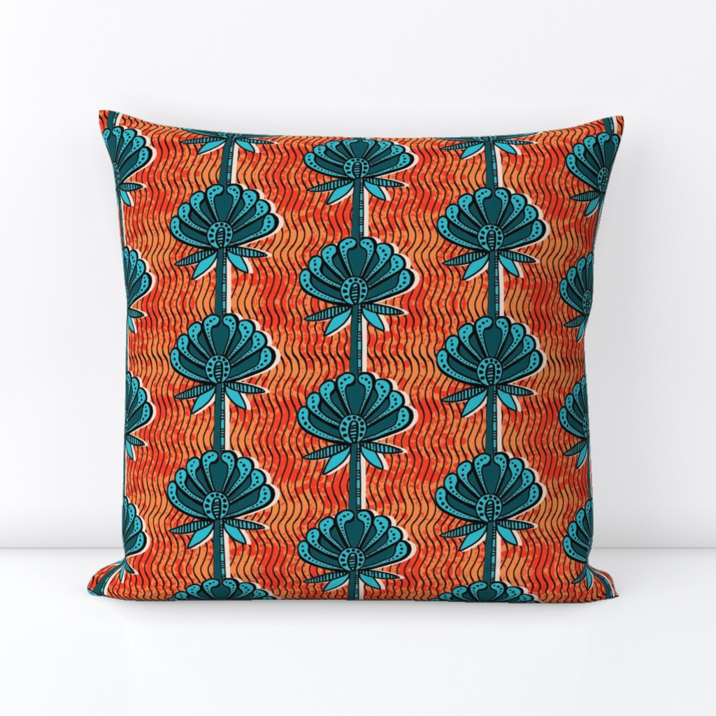african inspired print - flower - bright orange and teal