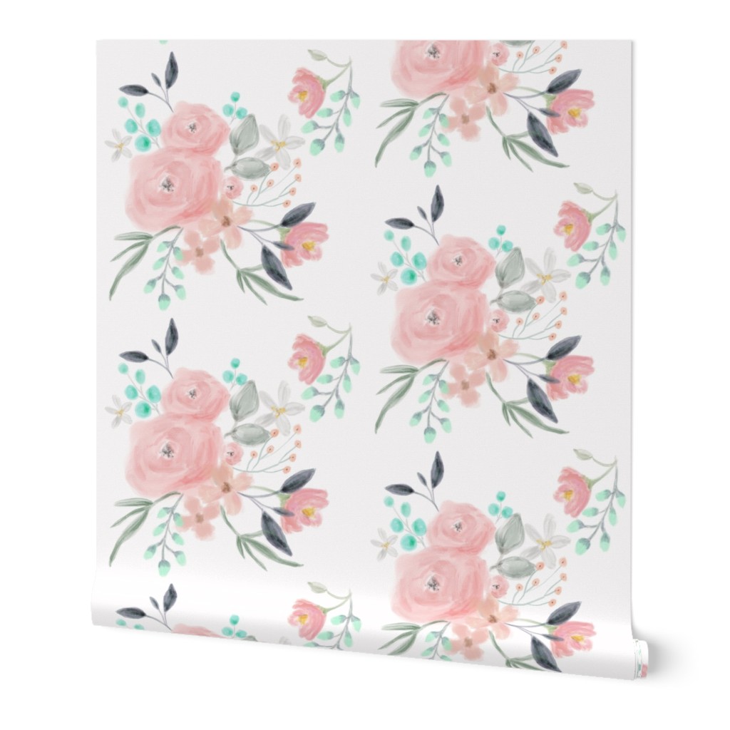 Secret Garden / White / Pastel floral flowers / blush pink aqua mint gray