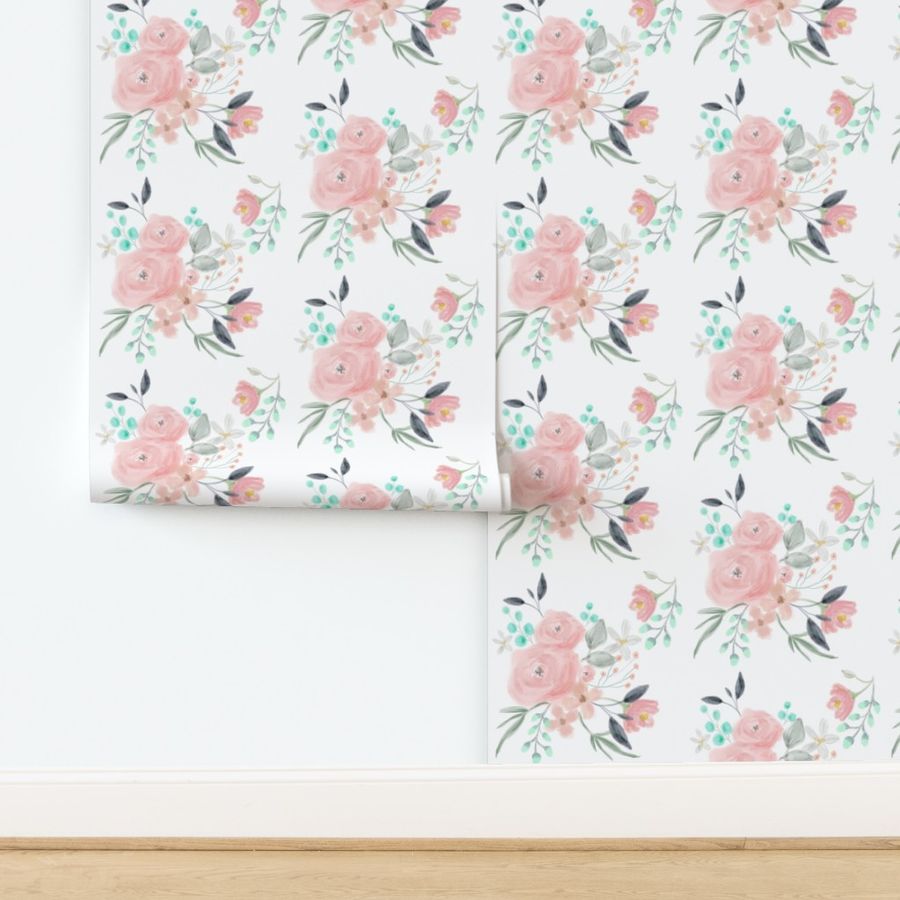 Secret Garden / White / Pastel floral flowers / blush pink aqua mint gray