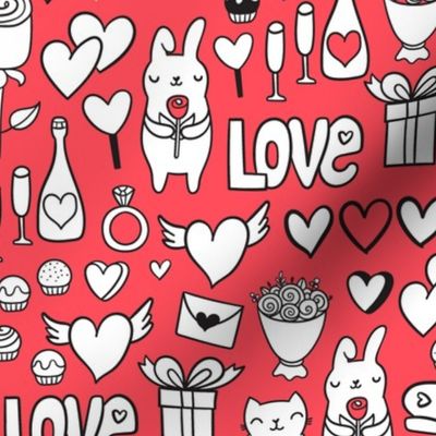 St Valentines romantic red pattern. Cute lovely bunny and cat.