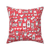 St Valentines romantic red pattern. Cute lovely bunny and cat.