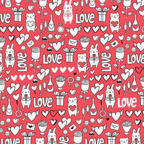 St Valentines romantic red pattern. Cute lovely bunny and cat.