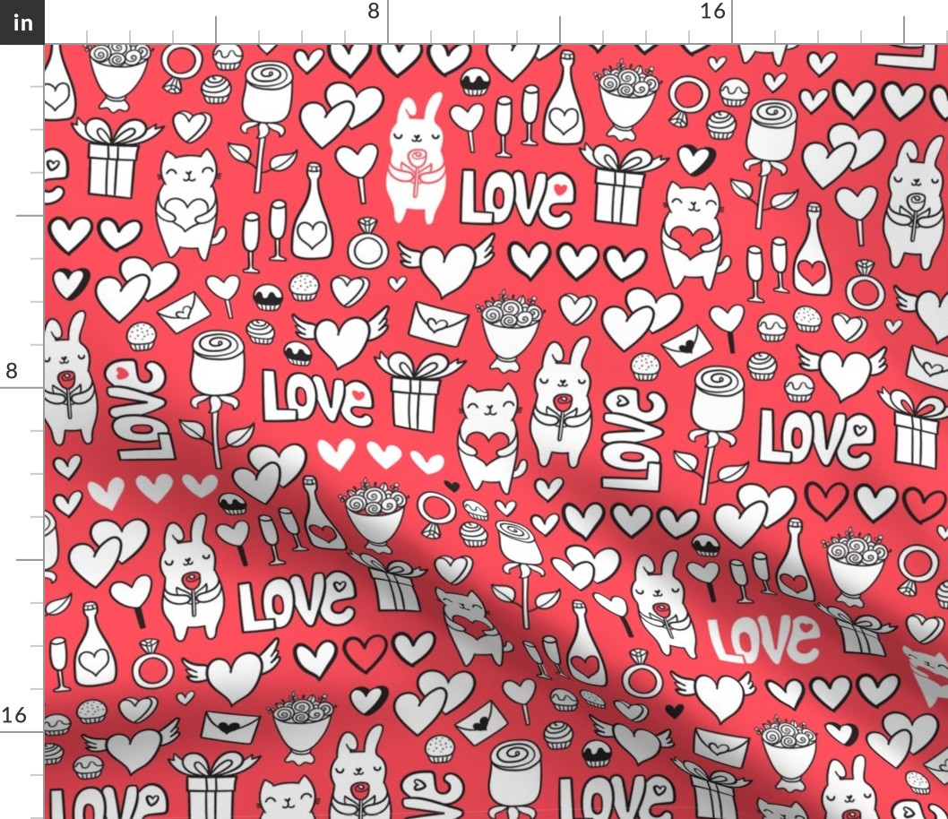 St Valentines romantic red pattern. Cute lovely bunny and cat.