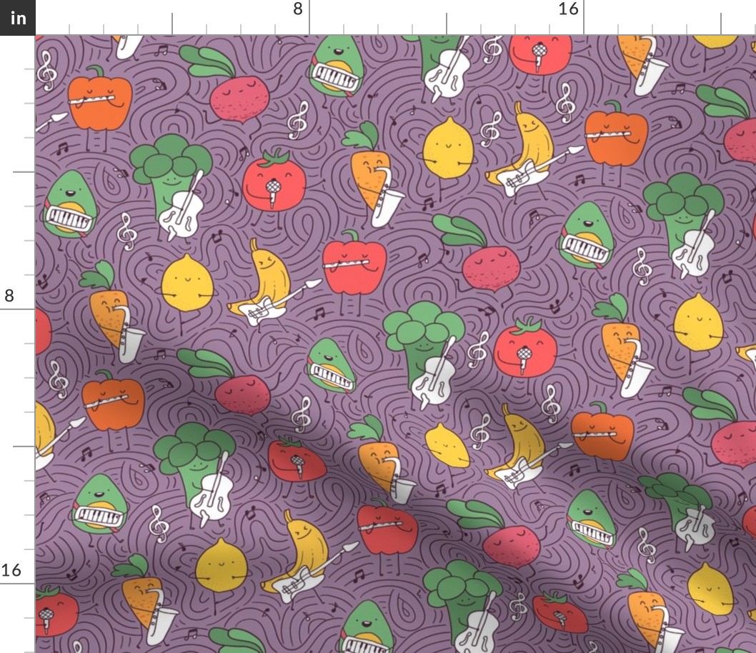 vegetables and fruits musicians and artists pattern on violet