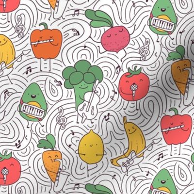 vegetables and fruits musicians and artists pattern on white