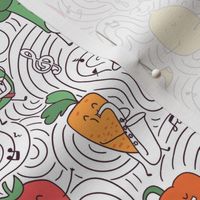 vegetables and fruits musicians and artists pattern on white