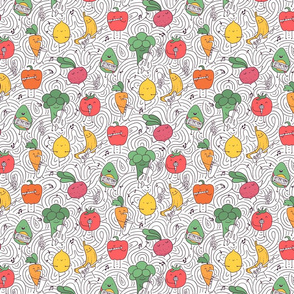 vegetables and fruits musicians and artists pattern on white