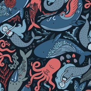 Octopus tattoo master with mermaids, sharks, narwhals and whales navy PATTERN