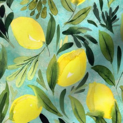 Lemons on teal blue Watercolor