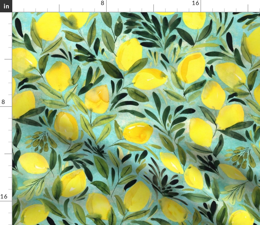 Lemons on teal blue Watercolor