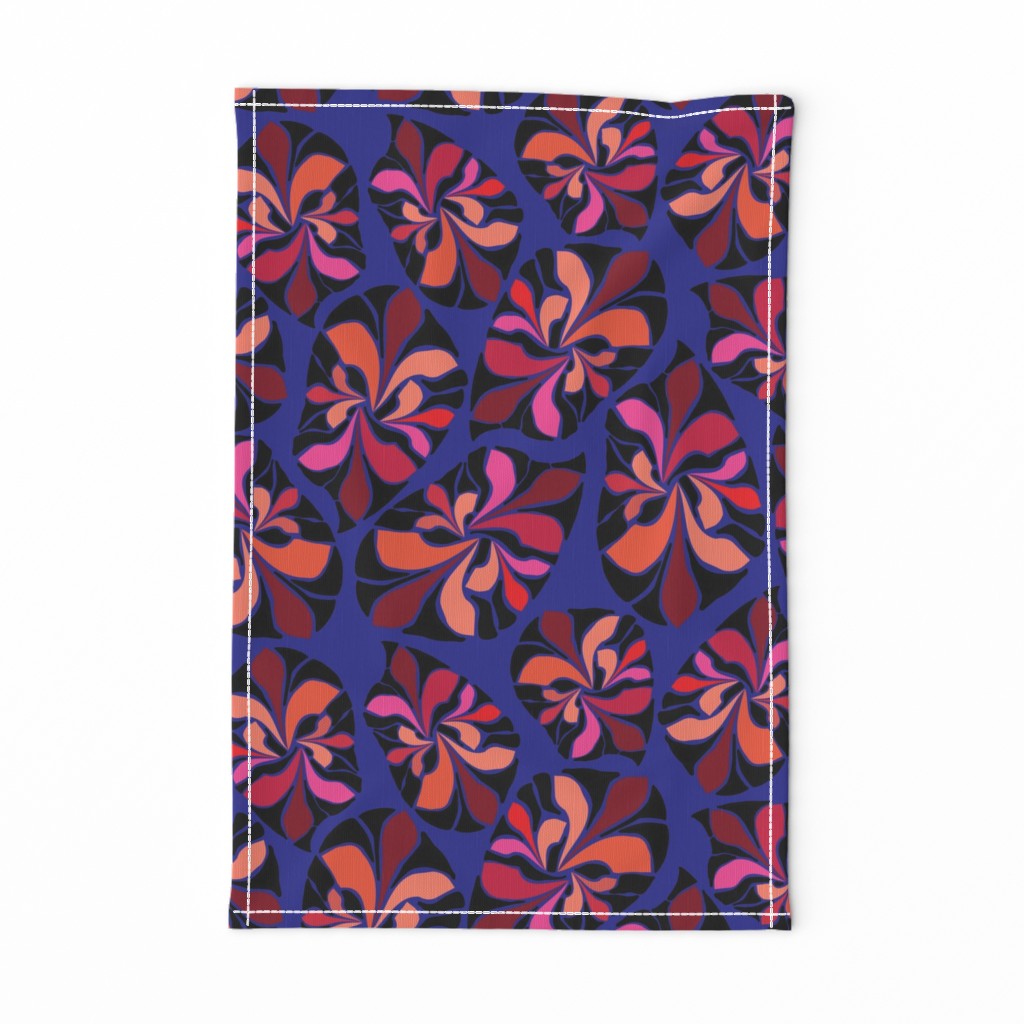 African inspired abstract leaves. Orange, pink, coral, red, peach and black leaves on a vivid blue background.