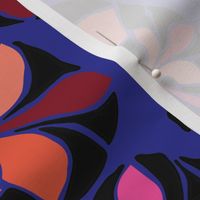 African inspired abstract leaves. Orange, pink, coral, red, peach and black leaves on a vivid blue background.