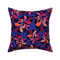 African inspired abstract leaves. Orange, pink, coral, red, peach and black leaves on a vivid blue background.