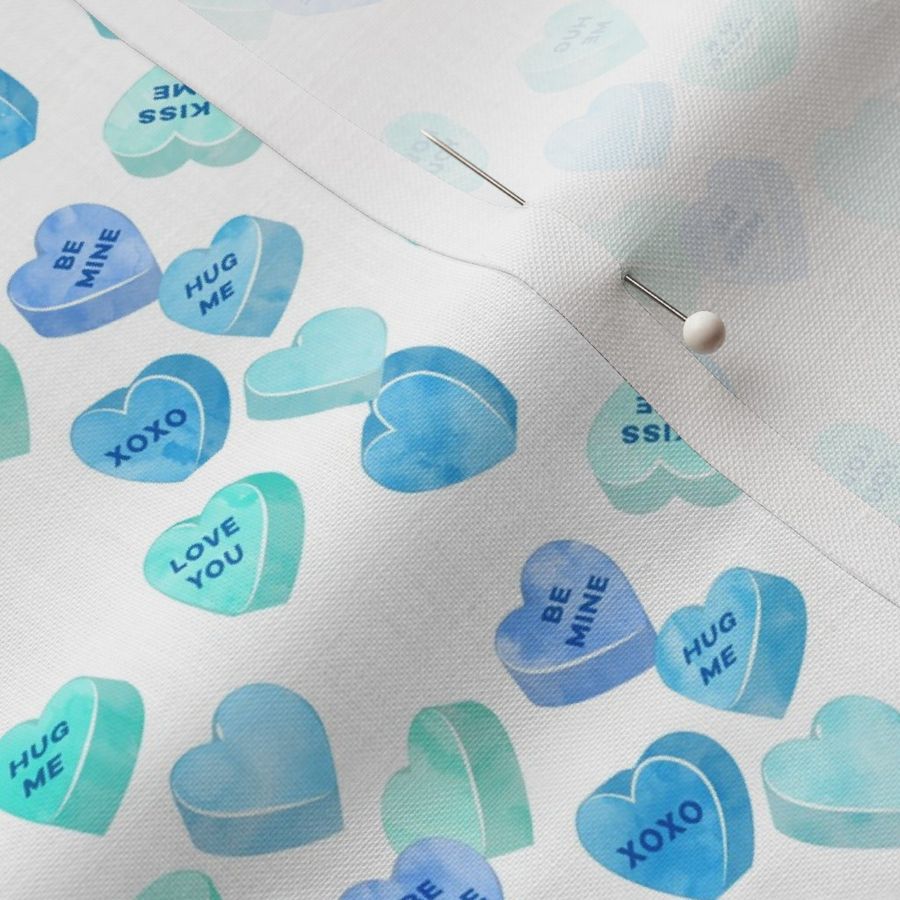 valentines day heart candy - conversation hearts on  stripes (mint and blue)