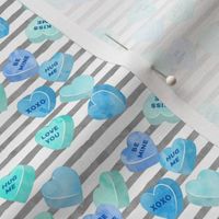 valentines day heart candy - conversation hearts on  stripes (mint and blue on grey stripes)