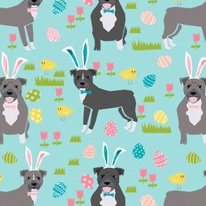 pitbull easter fabric - cute easter bunny dogs and spring design - blue