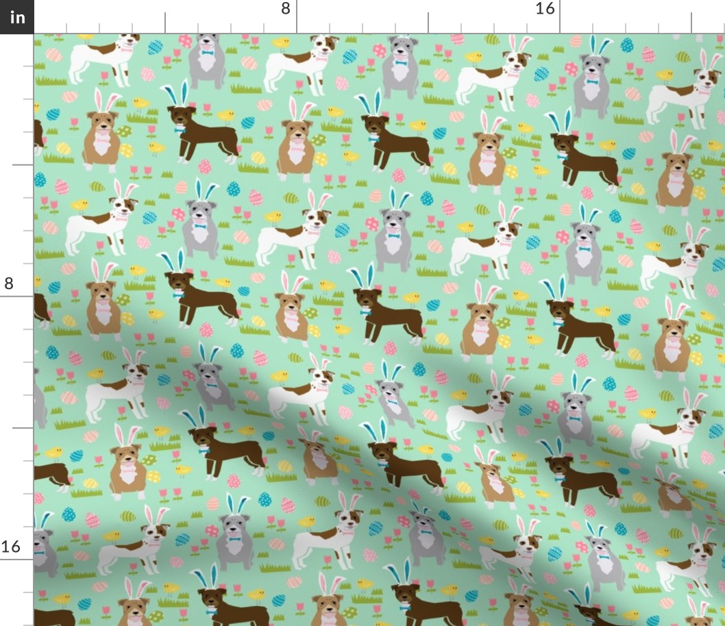 pitbull easter fabric - cute easter bunny dogs and spring design - mint