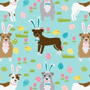 pitbull easter fabric - cute easter bunny dogs and spring design - blue