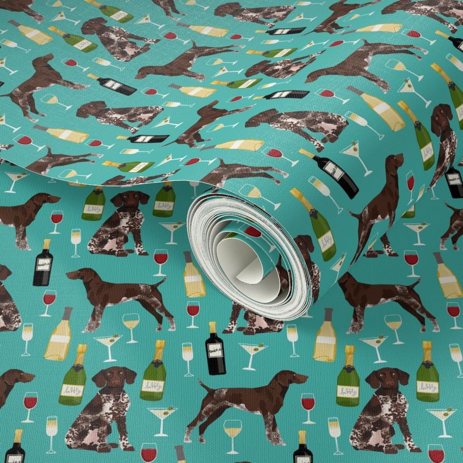 german shorthaired pointer wine fabric - cute dogs and wine, champagne - turquoise