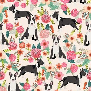 bull terrier floral fabric- cute dogs and florals design -cream