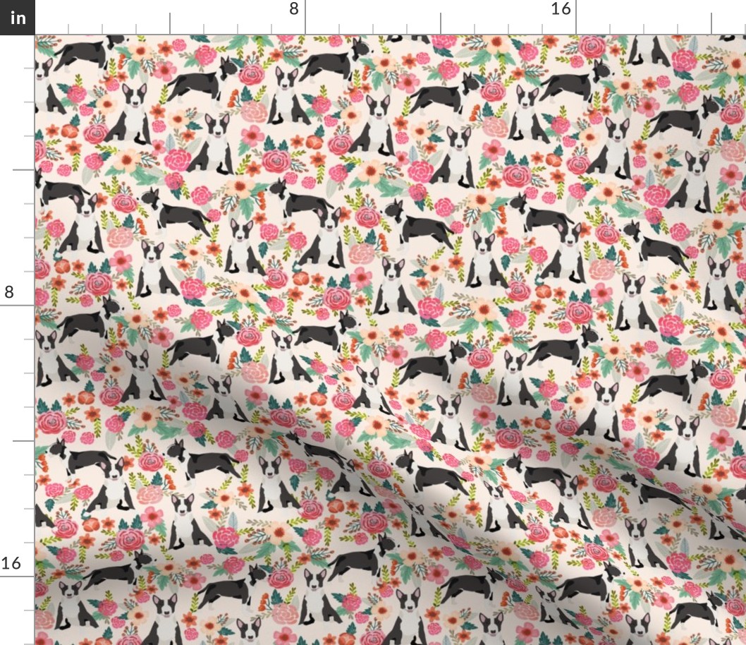 bull terrier floral fabric- cute dogs and florals design -cream