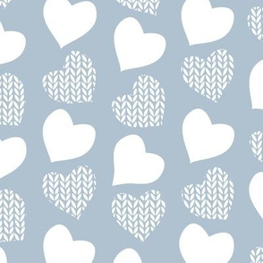 Wool hearts // blue grey background white hearts
