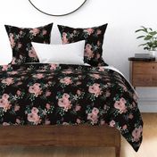 Secret Garden / Midnight / floral flowers / black blush pink emerald