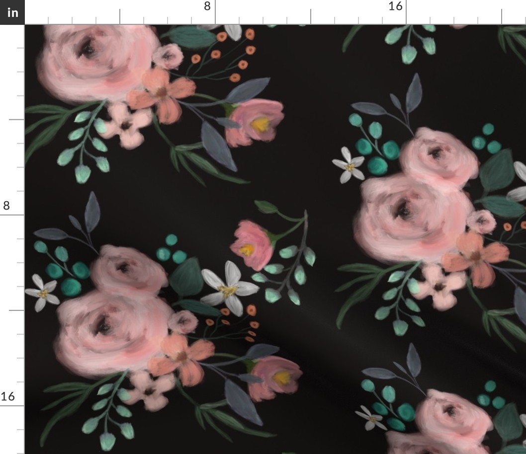 Secret Garden / Midnight / floral flowers / black blush pink emerald