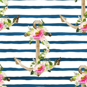 8" Pink and Green Floral Anchor / Blue Watercolor Stripes