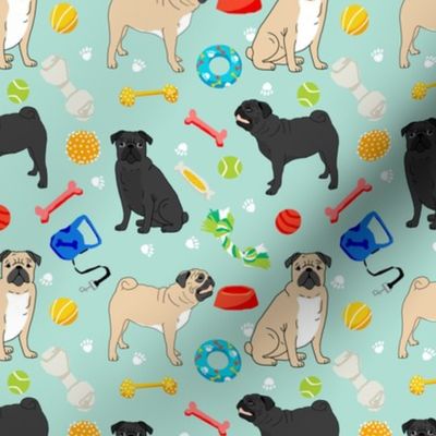 pugs and toys fabric - black and tan pugs with dog toys - mint