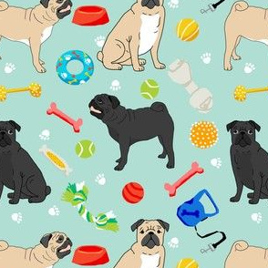 pugs and toys fabric - black and tan pugs with dog toys - mint