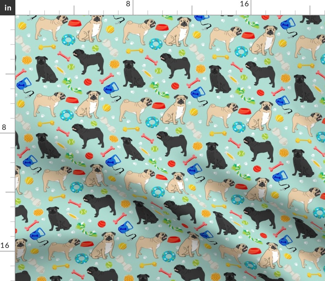 pugs and toys fabric - black and tan pugs with dog toys - mint