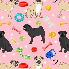 pugs and toys fabric - black and tan pugs with dog toys - pink