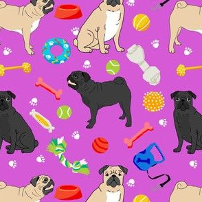 pugs and toys fabric - black and tan pugs with dog toys - magenta