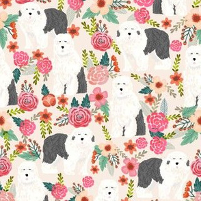 old english sheepdog florals fabric - dogs with flowers design - cream