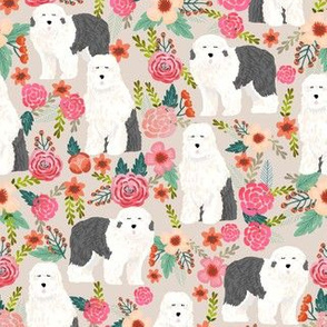 old english sheepdog florals fabric - dogs with flowers design - tan