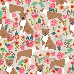 staffordshire terrier florals fabric - tan dogs - tan