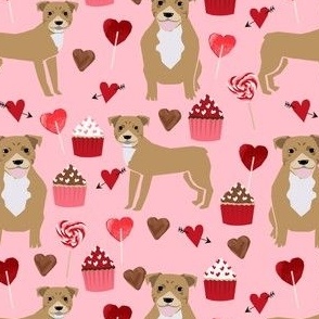 pitbull valentines fabric - fawn/tan pitty with valentines love design - pink