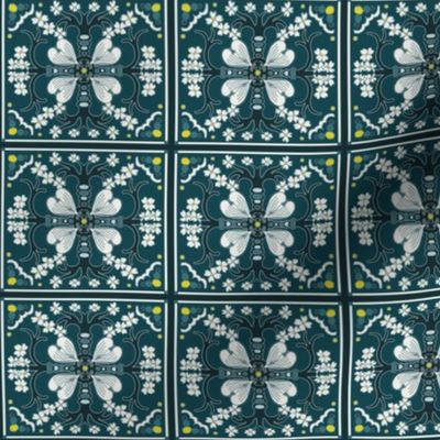 Dogwood Spanish Tiles - Dark Teal Blue and White - Medium Scale
