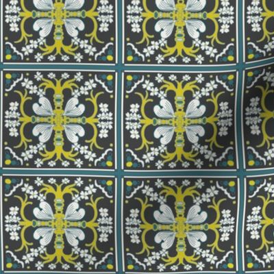 Dogwood Spanish Tiles - Dark Gray, Dark Teal Blue and Mustard Yellow - Medium Scale