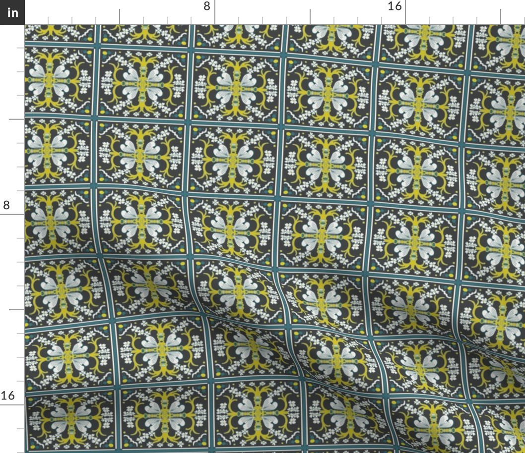 Dogwood Spanish Tiles - Dark Gray, Dark Teal Blue and Mustard Yellow - Medium Scale