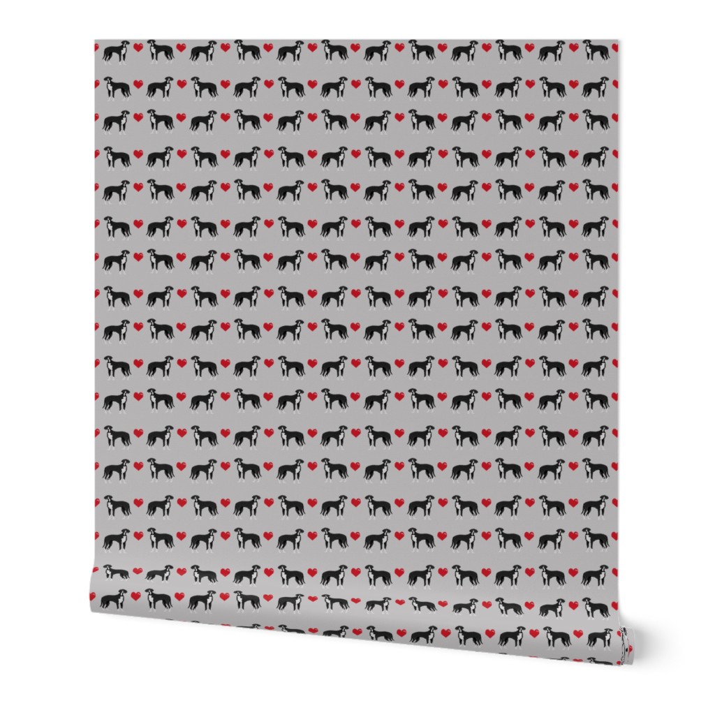 great dane black and white love hearts dog fabric grey