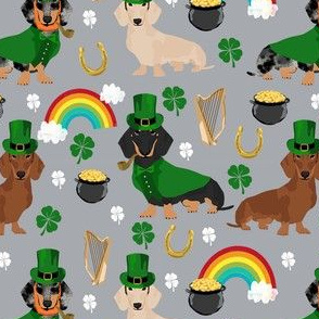 doxie leprechaun fabric - dachshund st patricks day design - grey