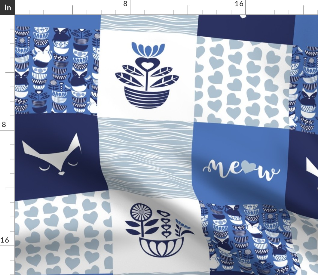 Swedish folk cats wholecloth quilt top I //  meow on indigo blue background