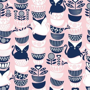 Small scale // Swedish folk cats // pastel pink background navy & white flowers bowls & cute kitties