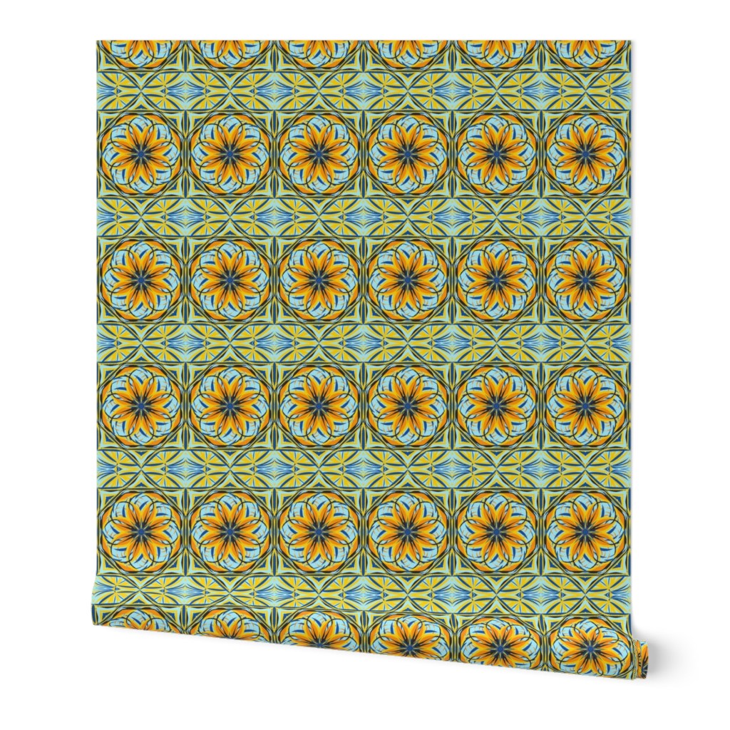 Summer Flowers on Sky Blue Border Tiles - Small Scale