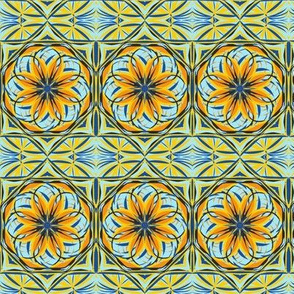 Summer Flowers on Sky Blue Border Tiles - Small Scale