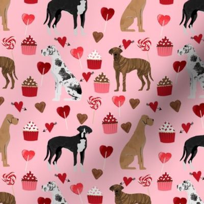 great dane mixed coat colors valentines day cupcakes hearts love dog fabric pink